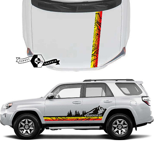 4Runner 2023 Seitentür Haube Old School Sunset Vinyl Topografische Karte Berge Wald Aufkleber Streifen Sticker für Toyota 4Runner TRD
