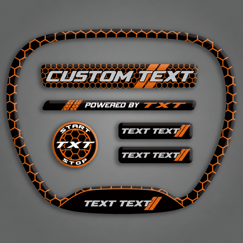 SRT Scat Pack Style CUSTOM TEXT TXT TEXT TEXT Cinnamon Orange Domed Interior Set — Vinylaufkleber (Lenkrad, Motorstartknopf, Schlüsselanhänger) für Dodge Challenger 2015-2023