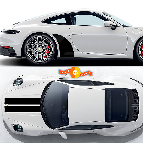 Porsche 911 GTS 992 Carrera 4 GTS Motorhaubenstreifen und Seitliche Hintere Radlauf Kit Aufkleber Sticker

