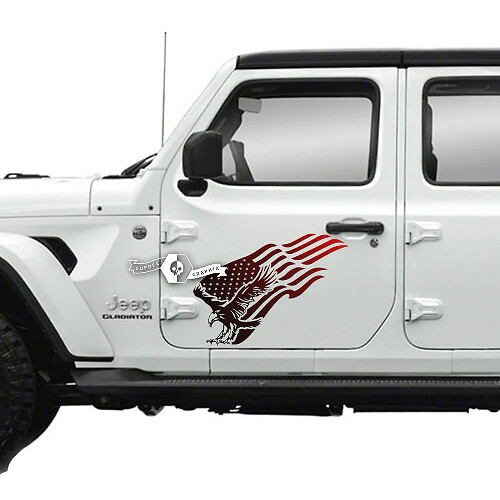 Paar Jeep Gladiator Seitentür USA Flagge Weißkopfseeadler Aufkleber Aufkleber Vinyl Grafik Streifen Farbverlauf
