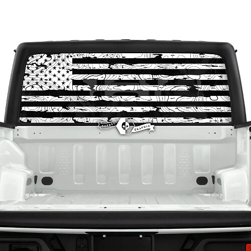 Jeep Gladiator Heckfenster-Flagge, USA, zerstörte topografische Karte, Topo-Aufkleber, Vinyl-Grafikstreifen
