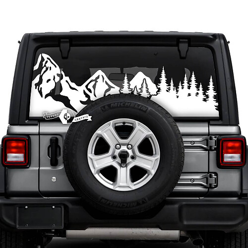 Jeep Wrangler Unlimited Heckscheibe, Schlammspritzer, Berge, Wald, Reifenspur, Aufkleber, Vinyl-Grafik
