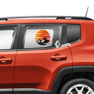 Paar Jeep Renegade Seitenkotflügel, Türen, Fenster, Berge, Sonnenuntergang, Retro-Grafik, Vinyl-Aufkleber – farbig
