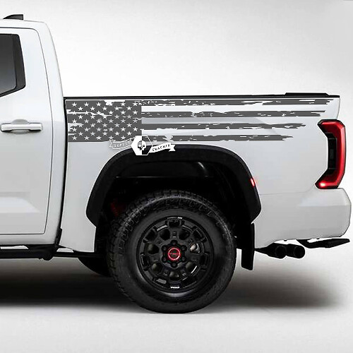 Paar Toyota Tundra Bed Side Rear Fender USA Flag Destroyed Grange Stripes Vinyl Aufkleber Aufkleber
