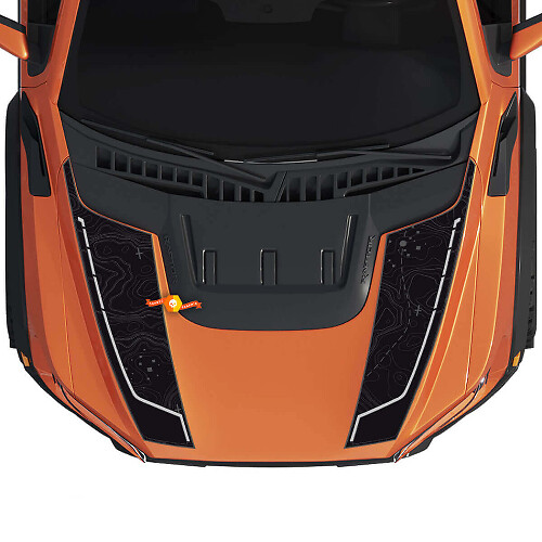 Hood Graphics Topografische Karte passend für Gen3 Ford F150 Raptor Vinyl-Aufkleber-Set mit Streifen
