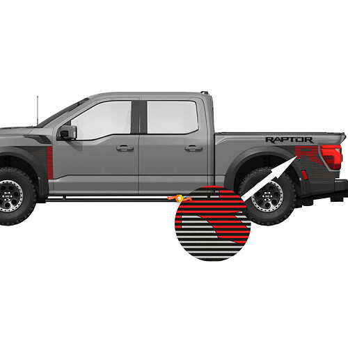 Grafiken für den vorderen Kotflügel am Bett, passend für 2024 Ford F150 Raptor R Vinyl-Aufkleber-Set mit Streifen
