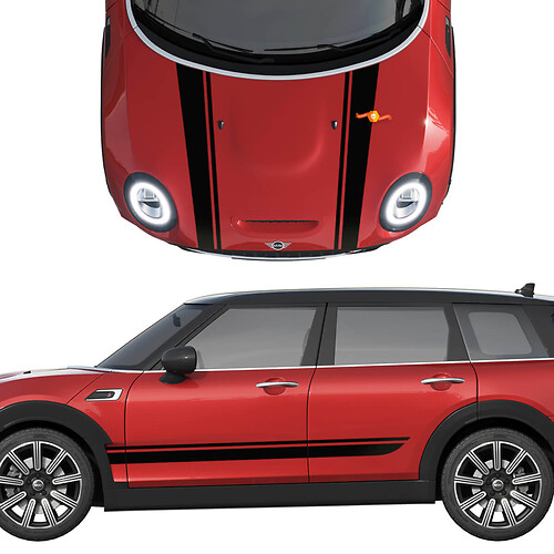 Mini Cooper S Streifen auf Motorhaube und Seitentüren, Rallye-Streifenaufkleber und Grafikaufkleber
