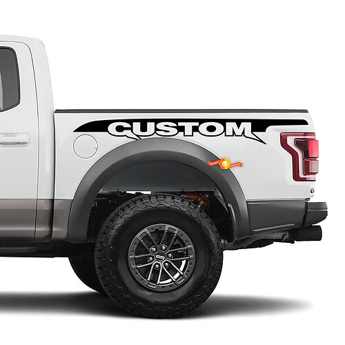 Aufkleber-Set „Raptor Stripes“ mit individuellem Text am Bett – kompatibel mit Ford F150 Raptor
