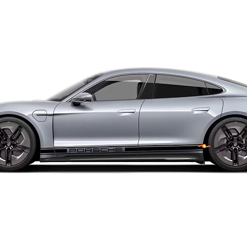 Porsche Taycan Seitendekorstreifen mit PORSCHE-Logo – individuelle Vinyl-Grafikaufkleber
