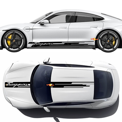 Porsche Taycan Seitendekorstreifen mit PORSCHE-Logo – individuelle Vinyl-Grafikaufkleber
