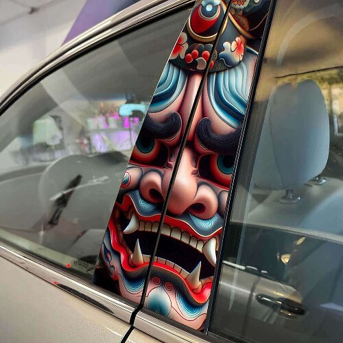 Japanische Dämonenmaske Hannya Säule Türen Auto Aufkleber Aufkleber Wrap Custom Vinyl Grafiken für Fahrzeug Styling
