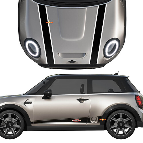 Mini John Cooper arbeitet AC Schnitzer -Motorhaube und Seitentüren Streifen Rallye und Grafikaufkleber

