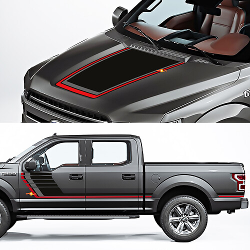 Seitenwiedertafel und Kapuzenaufkleber Grafikanpassung an Ford F150 Raptor Roush Package 3 Farben
