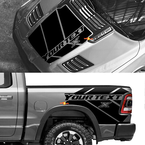 Benutzerdefinierter Vinyl-Aufkleber-Kit für Motorhaube und hintere Seitenstreifen für Dodge Ram 1500 Rebel