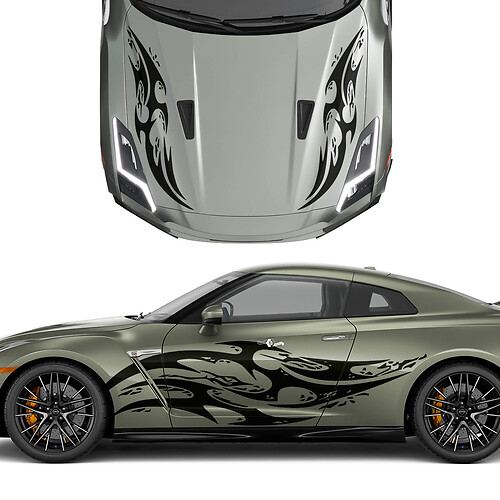 Kapuzen- und Seiten Dual Tribal Tattoo Graphics Stripes Decal Kit für Nissan GT-R
