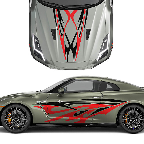 Kapuzen- und Seiten Dual Tribal Tattoo Graphics Stripes Decal Kit für Nissan GT-R 3
 1