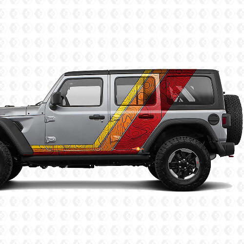 Retro-Topografische Karten-Seiten- und Motorhaubenstreifen Vinyl-Aufkleber-Set für Jeep Wrangler