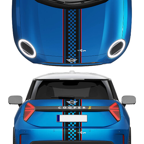 Haube und hintere karierte Streifen Mini Cooper Vinyl Graphics Decal Aufkleber für Mini Cooper S
