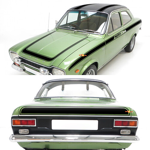Vintage Streifen komplettes Set von Seitenhauben- und Heckstreifen für Ford Escort 1970 Mexico
 1
