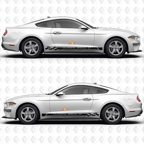 California Special GT Dreifache Rennstreifen Schachbrettflagge Seiten Tür Schweller Vinylaufkleber Sticker für Ford Mustang 1