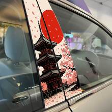 Japanischer Tempel Sonnenuntergang Sakura Blüten Säulen Türen Vinyl-Aufkleber 2