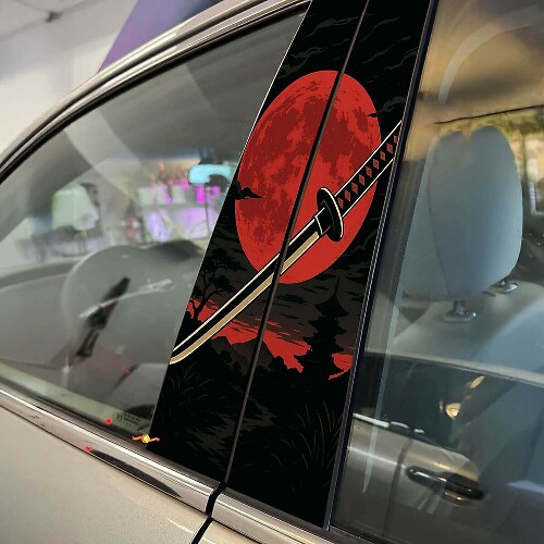 Japanische Katana Roter Mond Auto Säule Tür Vinyl Aufkleber Set