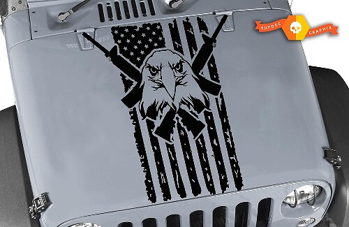 Abgenutzter USA-Flagge Weißkopfseeadler gekreuzte Gewehre Motorhauben-Vinylaufkleber für Jeep Wrangler