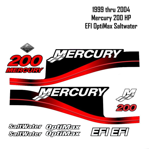 1999–2004 Mercury 200 PS rote Aufkleber EFI OptiMax Salzwasser 15-teiliges Repro-Vinyl-Aufkleber-Aufkleber-Set für Außenborder