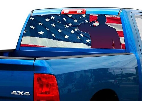 Grüßender Soldat amerikanische Flagge Heckscheiben-Vinylaufkleber für LKW SUV