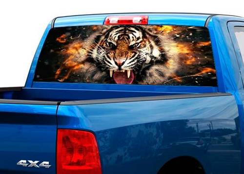 Tiger in Flamme Heckscheiben-Grafik-Aufkleber, LKW, SUV, perforiertes Vinyl