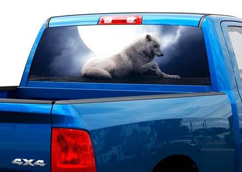 Weißer Wolf mit Mond, dunkle Nacht, Heckscheibenaufkleber, Aufkleber, Pick-up-Truck, SUV, Auto