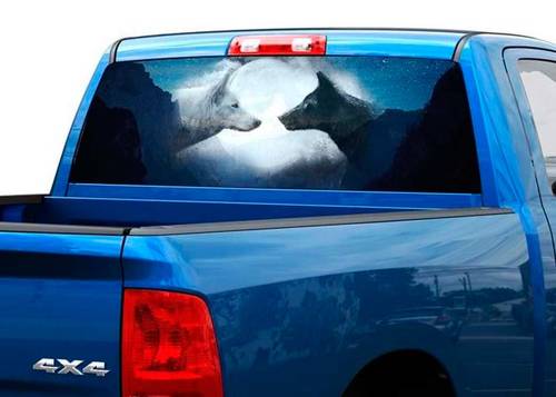 Wolf schwarz und weiß auf dem Mond Heckscheibenaufkleber Pick-up Truck SUV 2