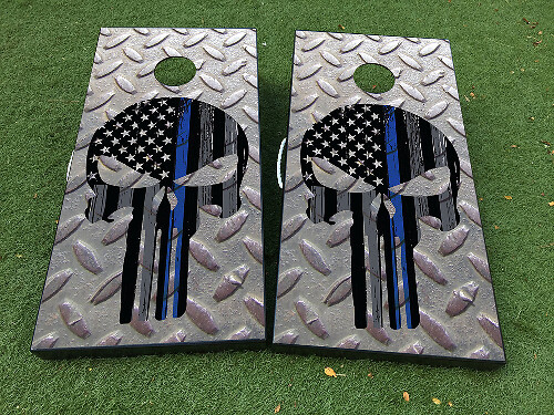 Punisher-Stil USA-Flagge Thin Blue Line Stahl Cornhole-Brett Folienaufkleber-Set