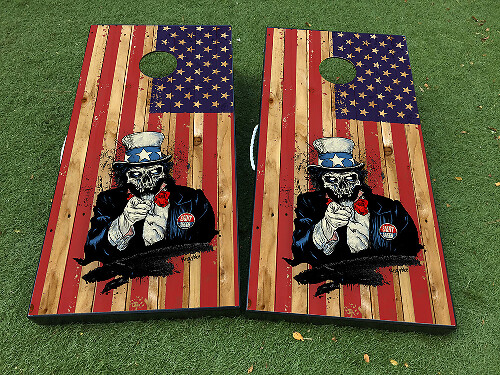 Skelett Onkel Sam Amerikanische Flagge Cornhole Brett Vinylaufkleber Set