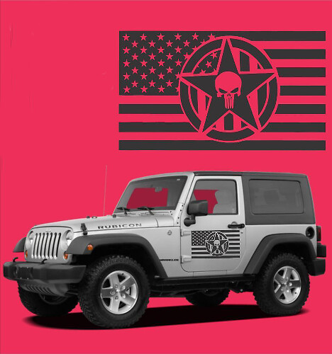 USA-Flagge Punisher Schädel Stern Tür Vinyl-Aufkleber Set für Jeep Wrangler