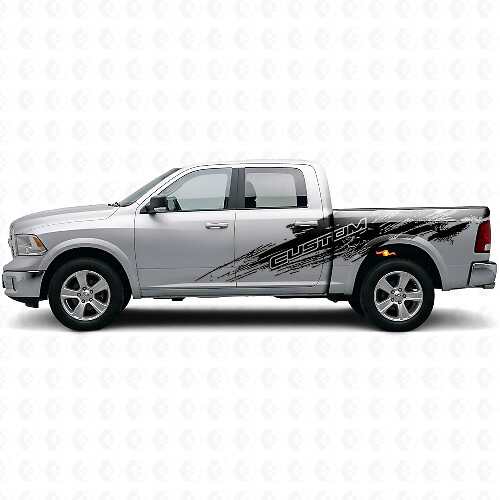 Seitliches Vinyl-Aufkleber-Set in Schlamm-Spritz-Design mit individuellem Schriftzug für Dodge Ram