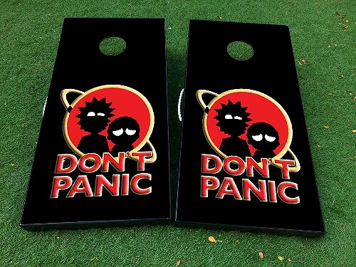 Don't Panic Rick and Morty inspirierte Cornhole-Brett Vinyl-Folienaufkleber-Set