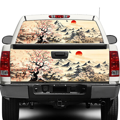 Traditionelle japanische Sumie-Malerei, Sakura-Aufkleber für Heckscheibe oder Heckklappe, Pick-up-Truck-SUV-Auto
