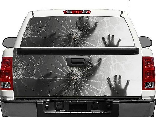 Hände hinter zerbrochenem Glas Heckscheiben- oder Heckklappenaufkleber für Pickup Truck SUV
