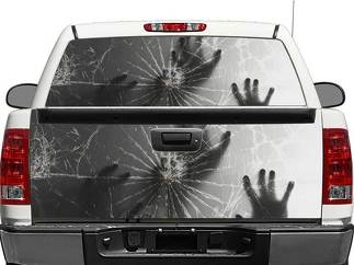 Hände hinter zerbrochenem Glas, Heckscheibe oder Heckklappe, Aufkleber, Aufkleber, Pick-up-Truck, SUV, Auto