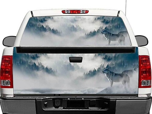 Wolf in den Bergen Heckscheiben- oder Heckklappen-Vinylaufkleber für Trucks