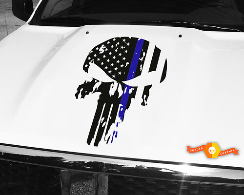Punisher Skull Blue Line Flag Kapuzenaufkleber, 66 cm breit, passend für Jeep Dodge Chevy
