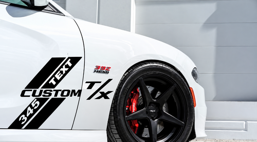 345 Hemi R/T Style Custom TEXT CUSTOM T/X Hash Stripes — Vinylaufkleber (Seite, Tür, Kotflügel) für Dodge Charger 2011-2014