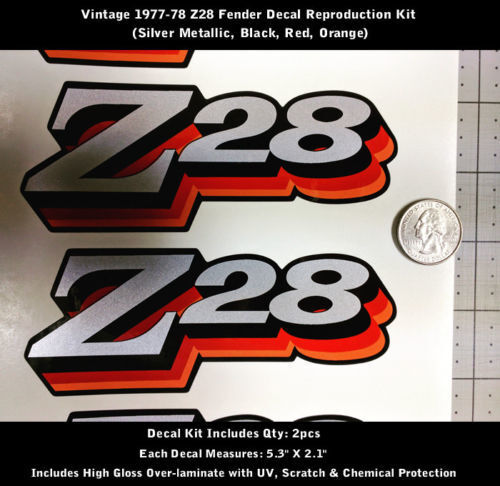 Z28 Camaro Aufkleber-Aufkleber-Set, 2 Stück, Kotflügel, 1977–1978, Vintage-Rot-Orange, 13,5 x 5,3 cm, 0151
