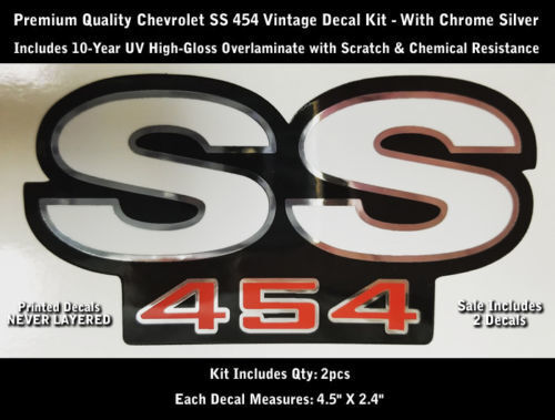 SS 454 Aufkleber-Aufkleber-Set, 2 Stück, Camaro Chevrolet, Chrom-Umrisse, 11,4 cm, 0195

