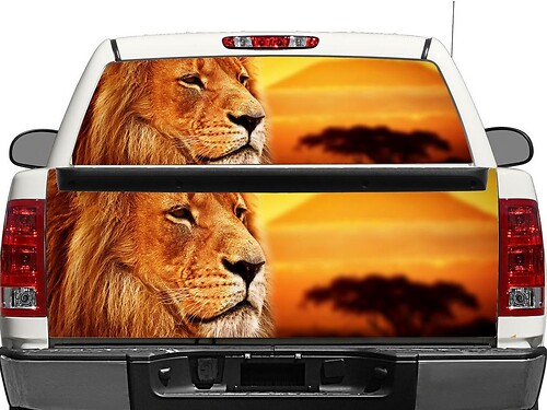 Löwe und Landschaft Rückscheiben- oder Heckklappen-Vinylaufkleber für Pick-up-Trucks und SUVs