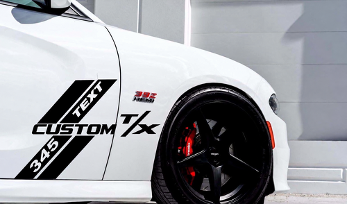 345 Hemi R/T Style Custom TEXT CUSTOM T/X Side Stripes — Vinylaufkleber (Seite, Tür, Kotflügel) für Dodge Charger 2008-2017