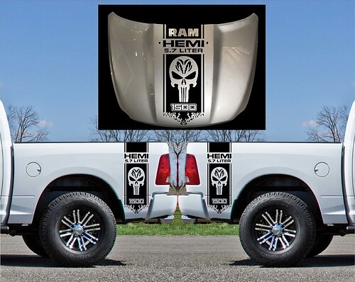 Punisher- & Hemi-Stilstreifen Hauben- und Bettrand Vinyl-Aufkleber für Dodge Ram 1500