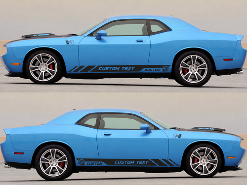 Hellcat Style CUSTOM TEXT Rocker Stripe Pair — Vinylaufkleber (Schweller) für Dodge Challenger 2009-2018