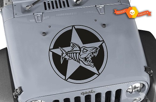 Oscar Mike Fish Skeleton Militärstern Motorhaubenaufkleber für Jeep Wrangler